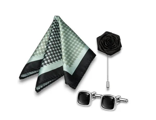 AACHINO_Pocket_Square_Set_for_Men_with_Cufflinks_&_Lapel_Pin_|_Polyester_Formal_Accessories_Gift_Box_for_Wedding,_Party_&_Office_Wear_(Black_Sign)