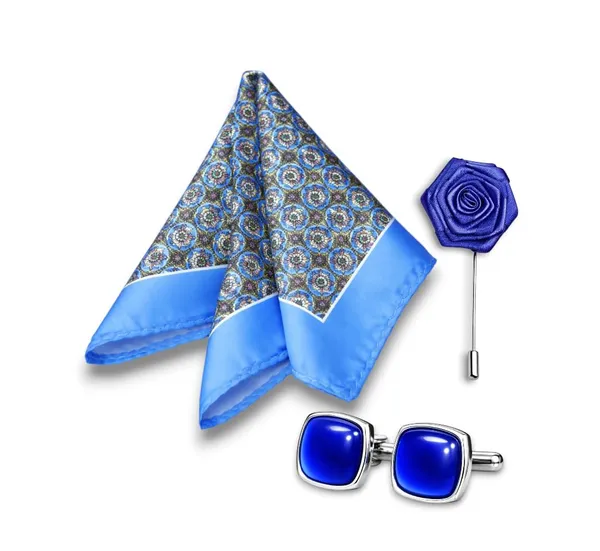 AACHINO_Men�s_Pocket_Square_Gift_Set_with_Cufflinks_&_Lapel_Pin_|_Premium_Polyester_Formal_Accessories_for_Wedding,_Party_&_Office_Wear_(Blue_Buttn)