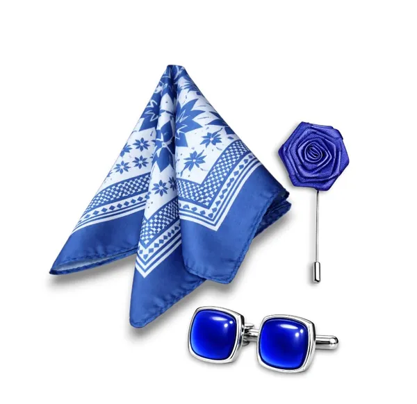 AACHINO_Men�s_Pocket_Square_Gift_Set_with_Cufflinks_&_Lapel_Pin_|_Premium_Polyester_Formal_Accessories_for_Wedding,_Party_&_Office_Wear_(Blue_Elex)