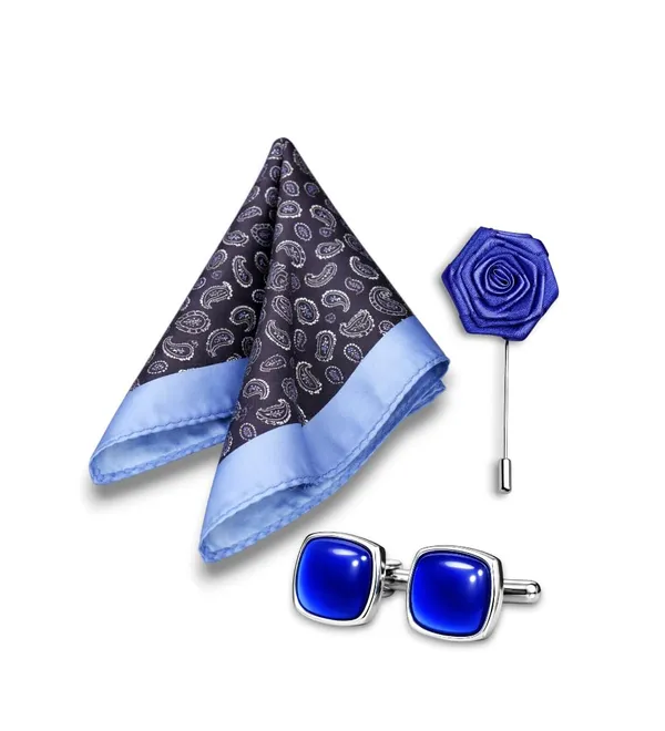 AACHINO_Men�s_Pocket_Square_Gift_Set_with_Cufflinks_&_Lapel_Pin_|_Premium_Polyester_Formal_Accessories_for_Wedding,_Party_&_Office_Wear_(Blue_Kit)