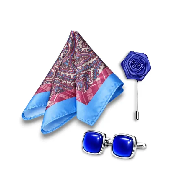 AACHINO_Men�s_Pocket_Square_Gift_Set_with_Cufflinks_&_Lapel_Pin_|_Premium_Polyester_Formal_Accessories_for_Wedding,_Party_&_Office_Wear_(Blue_Sabet)