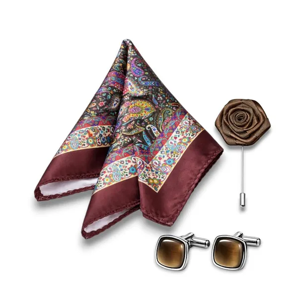 AACHINO_Formal_Pocket_Square_Combo_for_Men_with_Cufflinks_&_Lapel_Pin_|_Polyester_Accessory_Gift_Set_for_Wedding,_Party_&_Office_Look_(Brown_Fishie)
