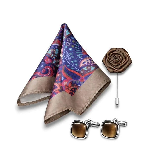 AACHINO_Formal_Pocket_Square_Combo_for_Men_with_Cufflinks_&_Lapel_Pin_|_Polyester_Accessory_Gift_Set_for_Wedding,_Party_&_Office_Look_(Brown_Mts)