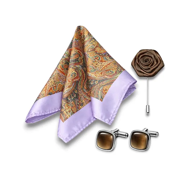 AACHINO_Formal_Pocket_Square_Combo_for_Men_with_Cufflinks_&_Lapel_Pin_|_Polyester_Accessory_Gift_Set_for_Wedding,_Party_&_Office_Look_(Brown_Vegs)