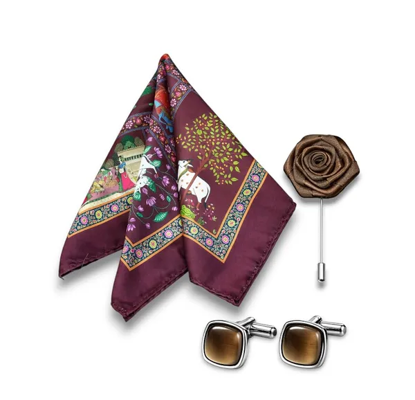 AACHINO_Formal_Pocket_Square_Combo_for_Men_with_Cufflinks_&_Lapel_Pin_|_Polyester_Accessory_Gift_Set_for_Wedding,_Party_&_Office_Look_(Brown_Village)