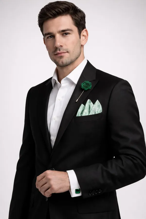 AACHINO_Men�s_Formal_Accessory_Set_�_Pocket_Square,_Cufflinks_&_Lapel_Pin_with_Premium_Gift_Box_|_Polyester_Designer_Combo_for_Wedding,_Party_&_Office_Wear_(Amb_Green_Er)