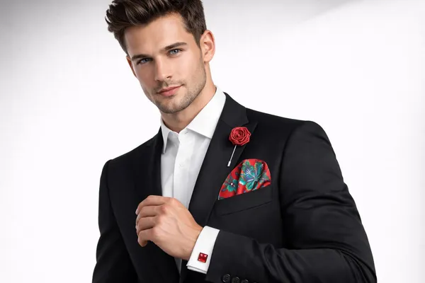 AACHINO_Pocket_Square,_Cufflinks_&_Lapel_Pin_Set_for_Men_with_Premium_Gift_Box_|_Polyester_Formal_Accessories_Combo_for_Wedding,_Party,_Office_Wear_(Green_Red)