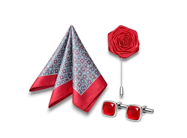 AACHINO_Pocket_Square,_Cufflinks_&_Lapel_Pin_Set_for_Men_with_Premium_Gift_Box_|_Polyester_Formal_Accessories_Combo_for_Wedding,_Party,_Office_Wear_(Geometric_Barei_Red)