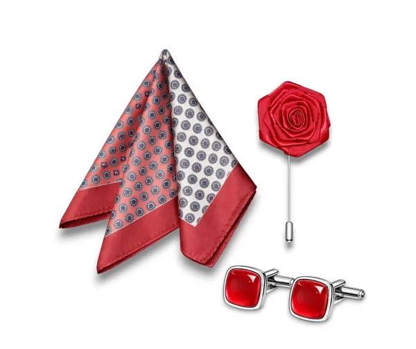 AACHINO_Pocket_Square,_Cufflinks_&_Lapel_Pin_Set_for_Men_with_Premium_Gift_Box_|_Polyester_Formal_Accessories_Combo_for_Wedding,_Party,_Office_Wear_(Geometric_Multi_Cr_Red)