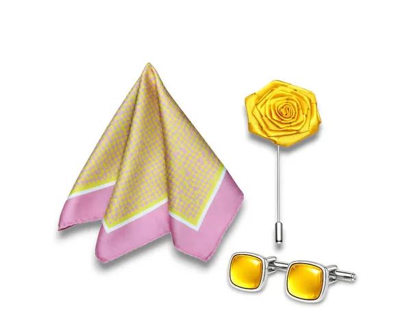 AACHINO_Classic_Men�s_Formal_Gift_Set_�_Pocket_Square,_Cufflinks_&_Lapel_Pin_Combo_with_Premium_Box_|_Polyester_Accessories_for_Wedding,_Party_&_Office_Wear_(Geometric_Yellow)