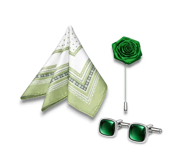 AACHINO_Men�s_Formal_Accessory_Set_�_Pocket_Square,_Cufflinks_&_Lapel_Pin_with_Premium_Gift_Box_|_Polyester_Designer_Combo_for_Wedding,_Party_&_Office_Wear_(Green_Dot)