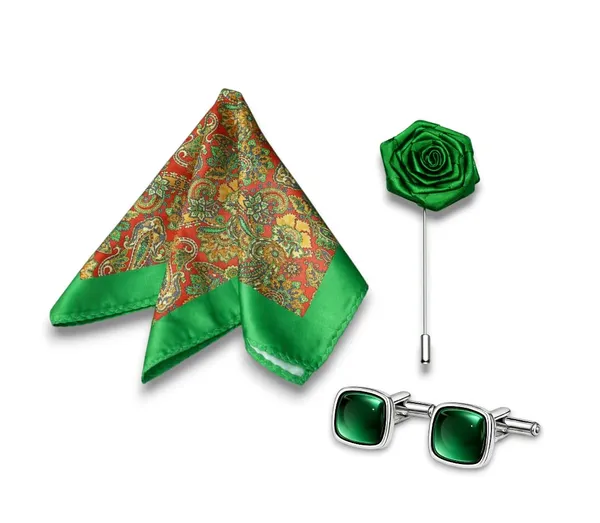 AACHINO_Men�s_Formal_Accessory_Set_�_Pocket_Square,_Cufflinks_&_Lapel_Pin_with_Premium_Gift_Box_|_Polyester_Designer_Combo_for_Wedding,_Party_&_Office_Wear_(Green_Grow)