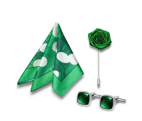 AACHINO_Men�s_Formal_Accessory_Set_�_Pocket_Square,_Cufflinks_&_Lapel_Pin_with_Premium_Gift_Box_|_Polyester_Designer_Combo_for_Wedding,_Party_&_Office_Wear_(Green_Leaf_Dot)