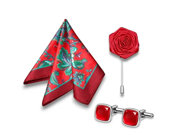 AACHINO_Pocket_Square,_Cufflinks_&_Lapel_Pin_Set_for_Men_with_Premium_Gift_Box_|_Polyester_Formal_Accessories_Combo_for_Wedding,_Party,_Office_Wear_(Green_Red)