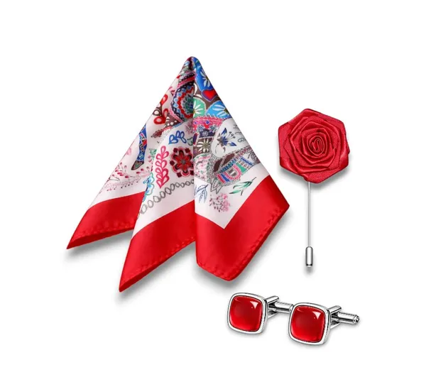 AACHINO_Pocket_Square,_Cufflinks_&_Lapel_Pin_Set_for_Men_with_Premium_Gift_Box_|_Polyester_Formal_Accessories_Combo_for_Wedding,_Party,_Office_Wear_(Horse_Red)