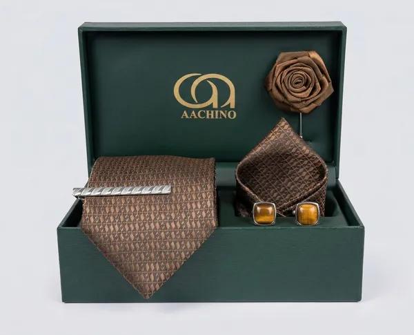 AACHINO_Premium_Men's_Tie_Gift_Set_|_Necktie,_Pocket_Square,_Cufflinks,_Lapel_Pin_&_Tie_Pin_|_Luxury_Gift_Box_for_Wedding,_Office,_Parties_&_Formal_Wear_(Brown_Cd)