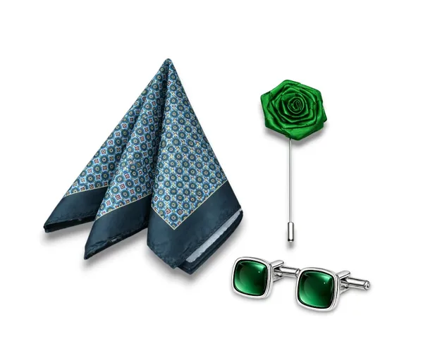 AACHINO_Men�s_Formal_Accessory_Set_�_Pocket_Square,_Cufflinks_&_Lapel_Pin_with_Premium_Gift_Box_|_Polyester_Designer_Combo_for_Wedding,_Party_&_Office_Wear_(Multi_Green)