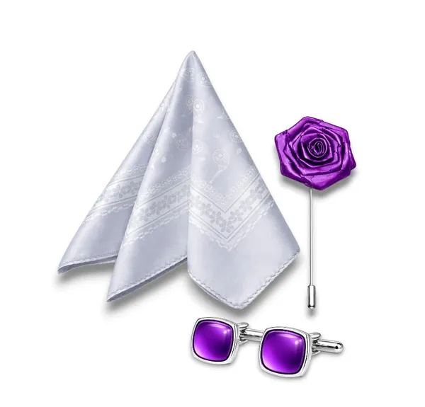 AACHINO_Royal_Men�s_Accessory_Gift_Set_�_Pocket_Square,_Cufflinks_&_Lapel_Pin_with_Premium_Box_|_Polyester_Formal_Combo_for_Wedding,_Party_&_Office_Wear_(Purple_Ear_Amb)