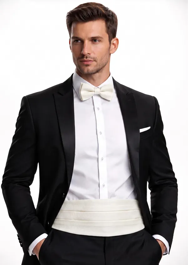 AACHINO_Premium_Men's_Micro_Fiber_Neck_Bow_Tie_&_Cummerbund_Set_-_Elegant_Slim_Tie_for_Weddings,_Grooms_&_Formal_Events_-_Luxury_Smooth_Finish_Tuxedo_Accessory_with_Gift_Box_(Cream)
