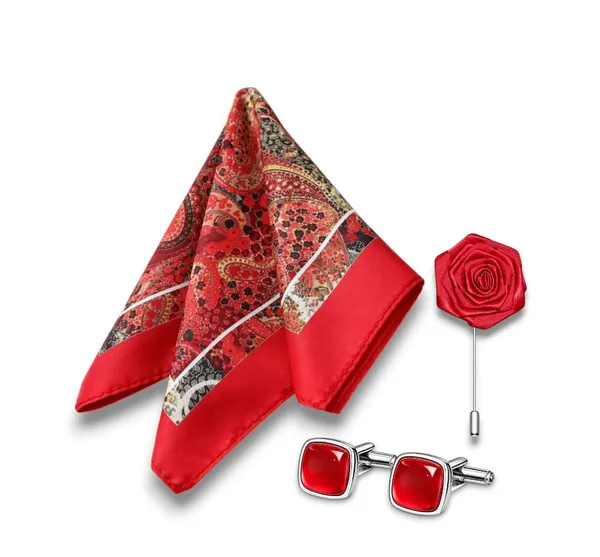 AACHINO_Pocket_Square,_Cufflinks_&_Lapel_Pin_Set_for_Men_with_Premium_Gift_Box_|_Polyester_Formal_Accessories_Combo_for_Wedding,_Party,_Office_Wear_(Red_Cof)