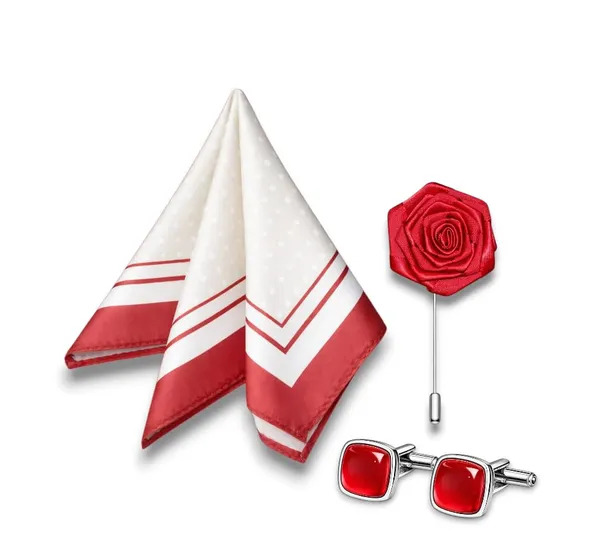 AACHINO_Pocket_Square,_Cufflinks_&_Lapel_Pin_Set_for_Men_with_Premium_Gift_Box_|_Polyester_Formal_Accessories_Combo_for_Wedding,_Party,_Office_Wear_(Red_Dot_Pk)