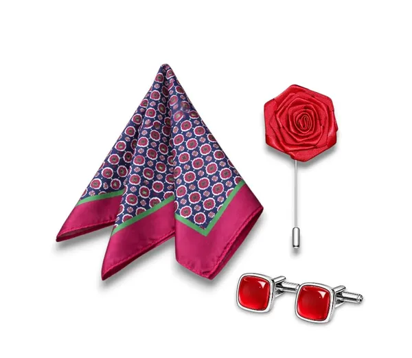 AACHINO_Pocket_Square,_Cufflinks_&_Lapel_Pin_Set_for_Men_with_Premium_Gift_Box_|_Polyester_Formal_Accessories_Combo_for_Wedding,_Party,_Office_Wear_(Red_Grip)