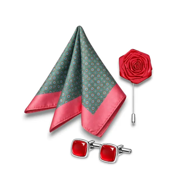 AACHINO_Pocket_Square,_Cufflinks_&_Lapel_Pin_Set_for_Men_with_Premium_Gift_Box_|_Polyester_Formal_Accessories_Combo_for_Wedding,_Party,_Office_Wear_(Red_Grn_Geometric)