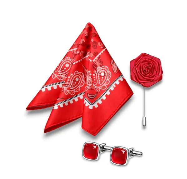 AACHINO_Pocket_Square,_Cufflinks_&_Lapel_Pin_Set_for_Men_with_Premium_Gift_Box_|_Polyester_Formal_Accessories_Combo_for_Wedding,_Party,_Office_Wear_(Red_Multi_Earp)
