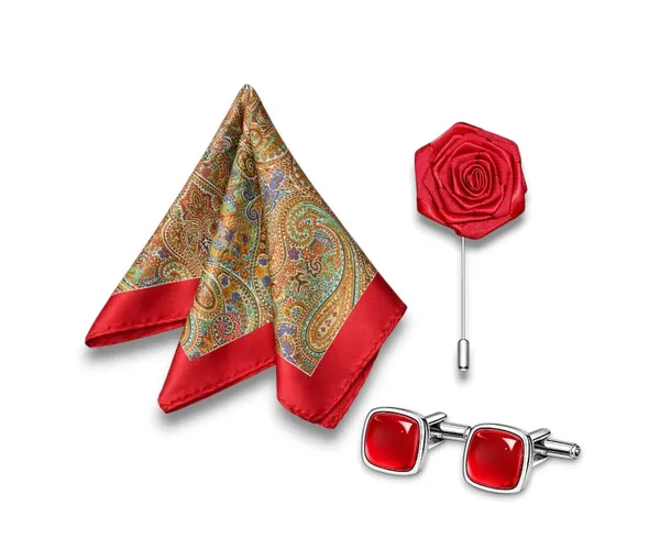 AACHINO_Pocket_Square,_Cufflinks_&_Lapel_Pin_Set_for_Men_with_Premium_Gift_Box_|_Polyester_Formal_Accessories_Combo_for_Wedding,_Party,_Office_Wear_(Red_Pasley)