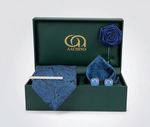 AACHINO_Italian_Micro_Fabric_Tie_Set_for_Men_with_Pocket_Square,_Cufflinks,_Tie_Pin_&_Lapel_Pin_|_Premium_Wedding_&_Formal_Gift_Box_(Blue_Wave)