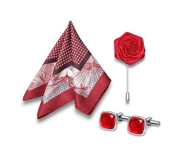 AACHINO_Pocket_Square,_Cufflinks_&_Lapel_Pin_Set_for_Men_with_Premium_Gift_Box_|_Polyester_Formal_Accessories_Combo_for_Wedding,_Party,_Office_Wear_(Spider_Red)