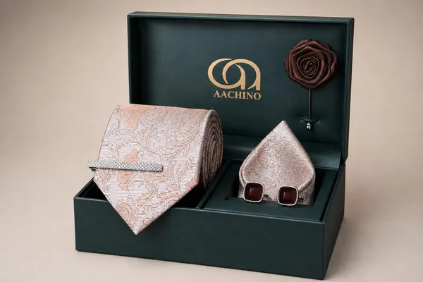 AACHINO_Premium_Men's_Tie_Gift_Set_|_Necktie,_Pocket_Square,_Cufflinks,_Lapel_Pin_&_Tie_Pin_|_Luxury_Gift_Box_for_Wedding,_Office,_Parties_&_Formal_Wear_(Beige)