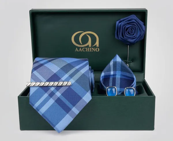 AACHINO_Italian_Micro_Fabric_Tie_Set_for_Men_with_Pocket_Square,_Cufflinks,_Tie_Pin_&_Lapel_Pin_|_Premium_Wedding_&_Formal_Gift_Box_(Blue_Strip)