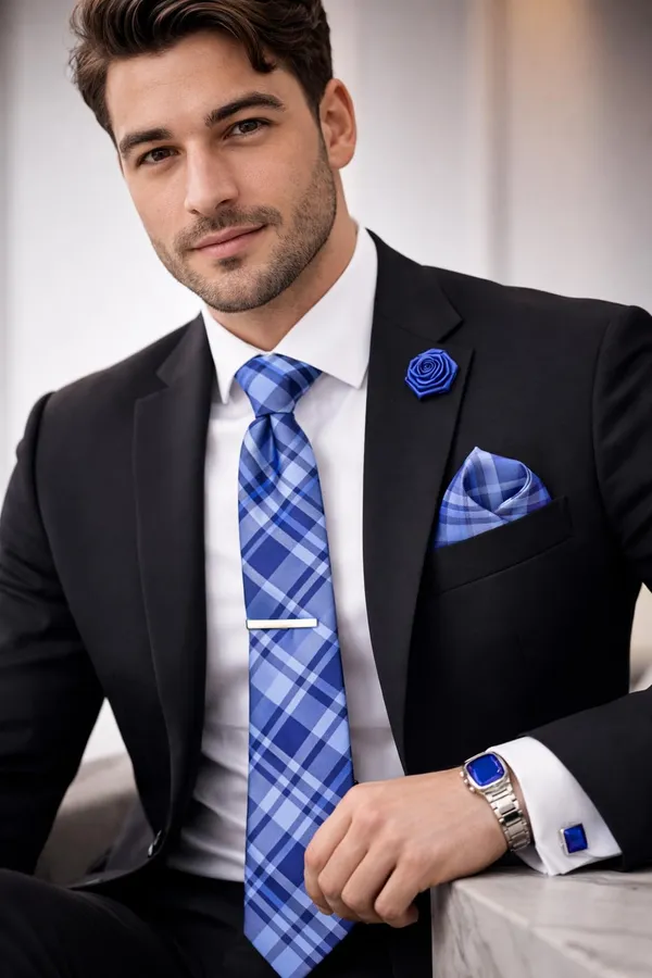 AACHINO_Italian_Micro_Fabric_Tie_Set_for_Men_with_Pocket_Square,_Cufflinks,_Tie_Pin_&_Lapel_Pin_|_Premium_Wedding_&_Formal_Gift_Box_(Blue_Strip)