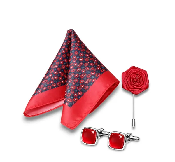 AACHINO_Pocket_Square,_Cufflinks_&_Lapel_Pin_Set_for_Men_with_Premium_Gift_Box_|_Polyester_Formal_Accessories_Combo_for_Wedding,_Party,_Office_Wear_(Red_Aros)