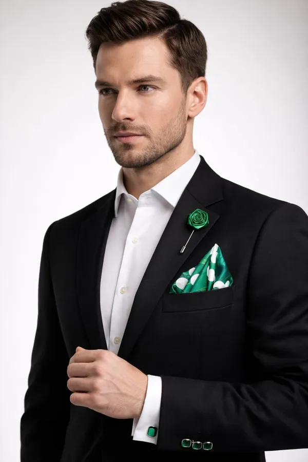 AACHINO_Men�s_Formal_Accessory_Set_�_Pocket_Square,_Cufflinks_&_Lapel_Pin_with_Premium_Gift_Box_|_Polyester_Designer_Combo_for_Wedding,_Party_&_Office_Wear_(Green_Leaf_Dot)