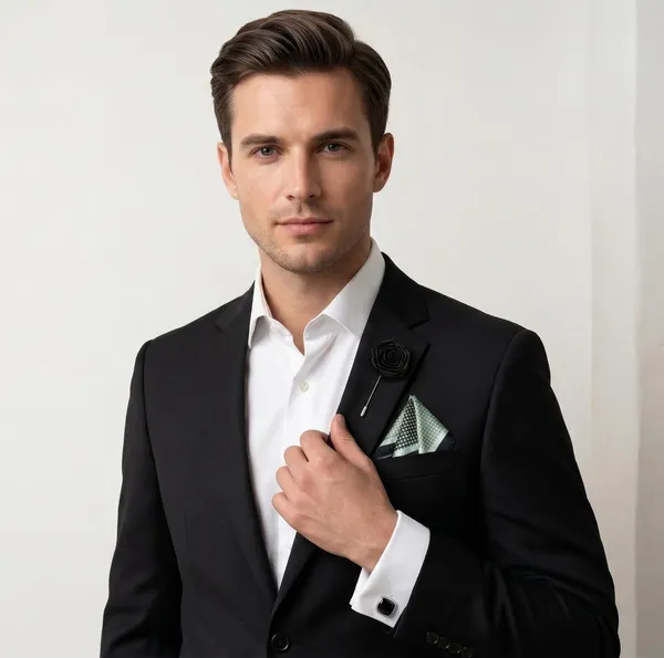 AACHINO_Pocket_Square_Set_for_Men_with_Cufflinks_&_Lapel_Pin_|_Polyester_Formal_Accessories_Gift_Box_for_Wedding,_Party_&_Office_Wear_(Black_Sign)