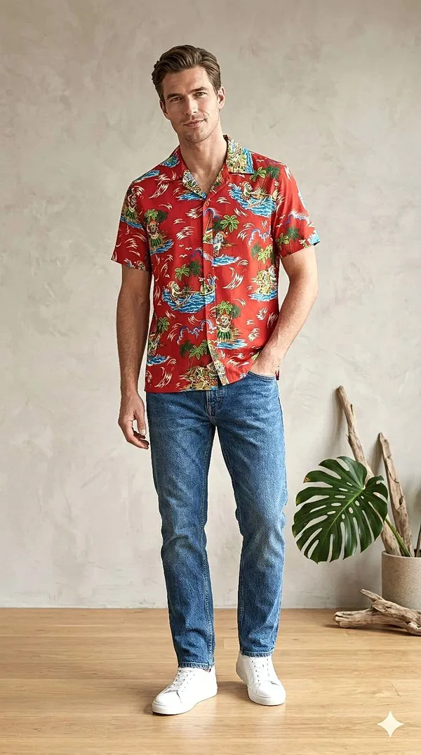 Mens_Red_Hawaiian_Print_Short_Sleeve_Shirt