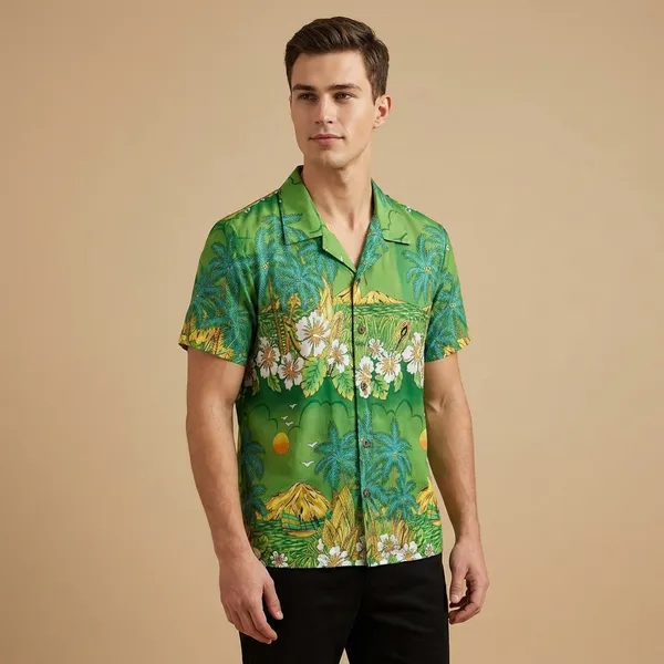 Mens_Tropical_Hawaiian_Print_Short_Sleeve_Shirt_Green_Floral_Resort_Wear