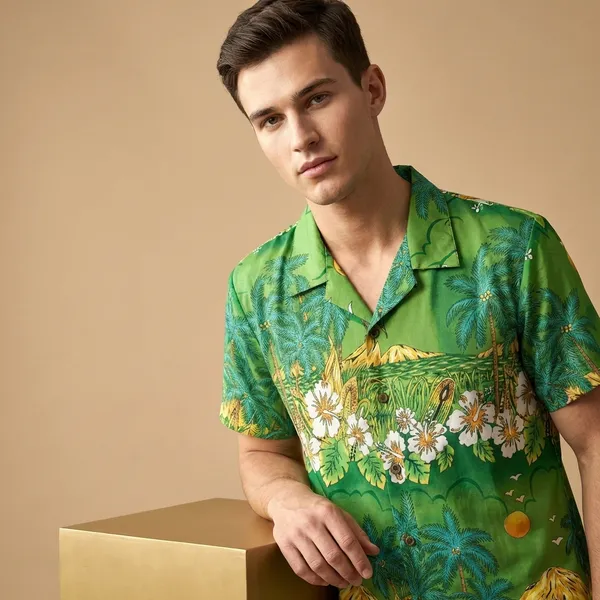 Mens_Tropical_Hawaiian_Print_Short_Sleeve_Shirt_Green_Floral_Resort_Wear