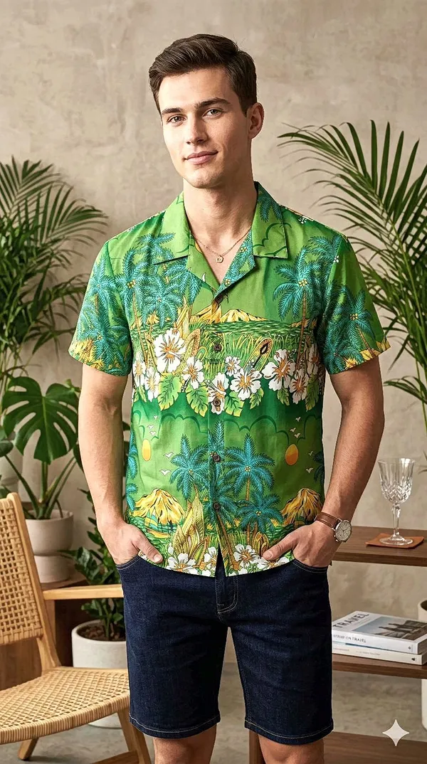 Mens_Tropical_Hawaiian_Print_Short_Sleeve_Shirt_Green_Floral_Resort_Wear