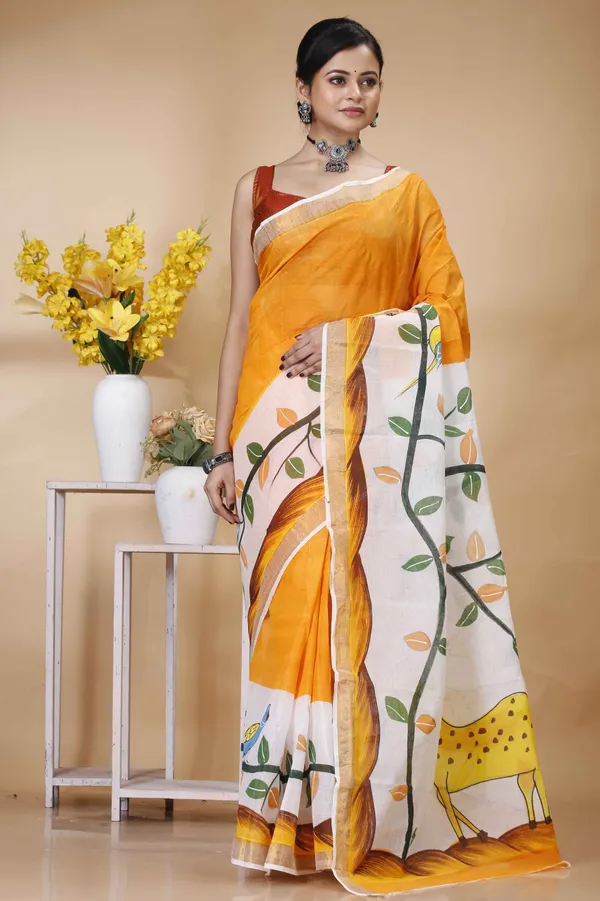 100%_Pure_Cotton_Srilok_Hand_Painted_Handloom_Saree_Orange