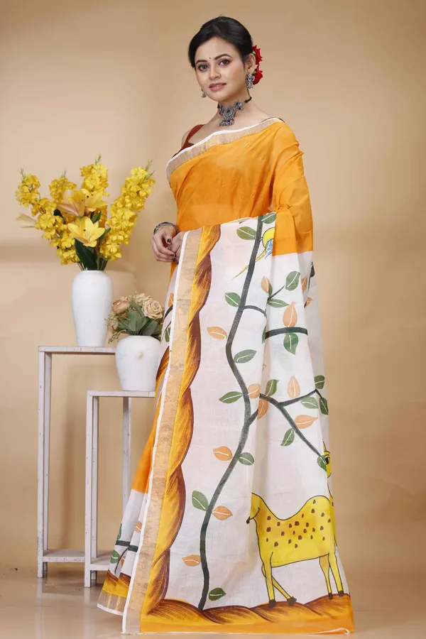 100%_Pure_Cotton_Srilok_Hand_Painted_Handloom_Saree_Orange
