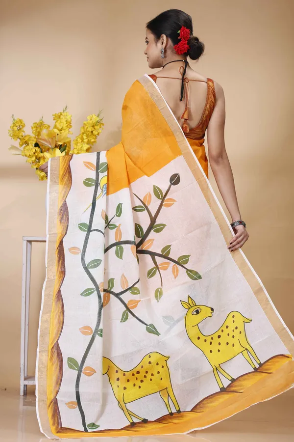100%_Pure_Cotton_Srilok_Hand_Painted_Handloom_Saree_Orange