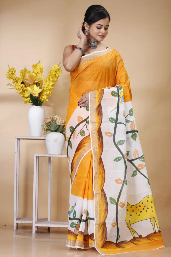 100%_Pure_Cotton_Srilok_Hand_Painted_Handloom_Saree_Orange