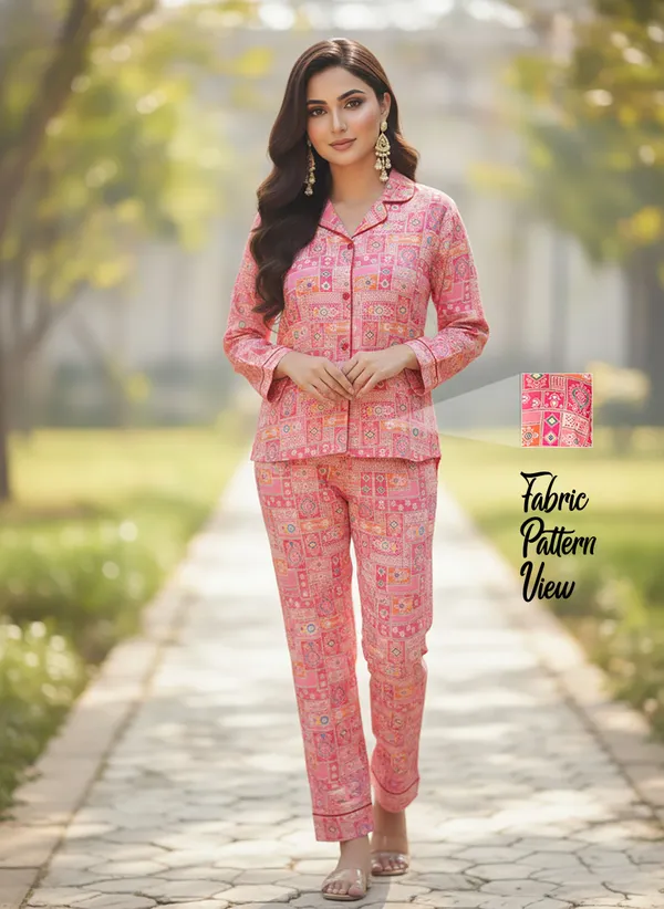 SRB_Women_Printed,_Geometric_Print_Pink_Shirt_&_Pyjama_set