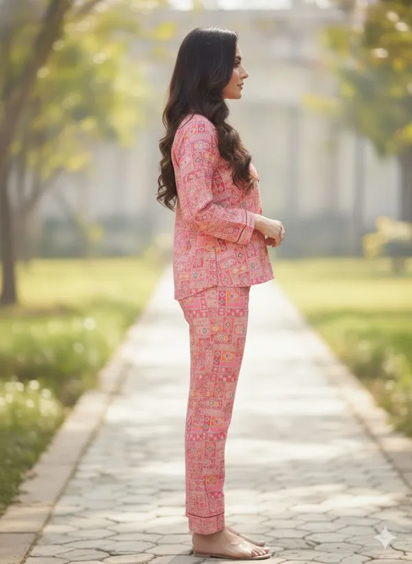 SRB_Women_Printed,_Geometric_Print_Pink_Shirt_&_Pyjama_set