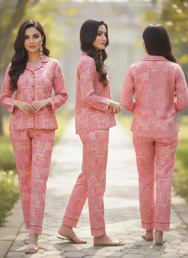 SRB_Women_Printed,_Geometric_Print_Pink_Shirt_&_Pyjama_set