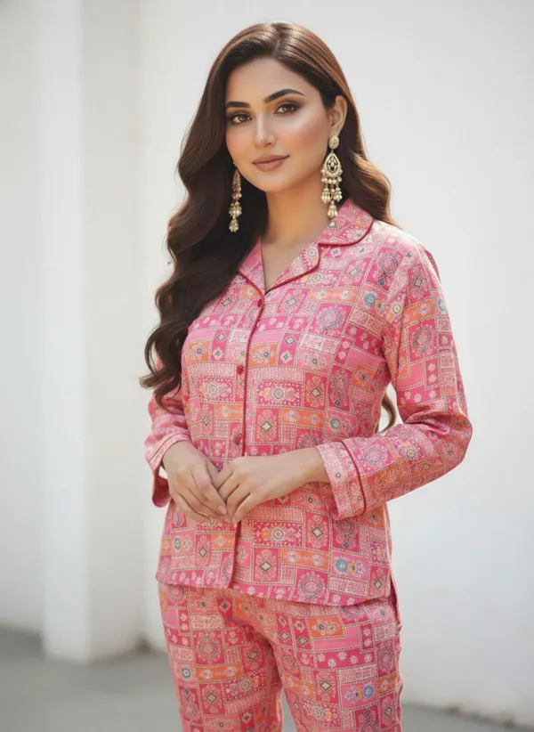 SRB_Women_Printed,_Geometric_Print_Pink_Shirt_&_Pyjama_set