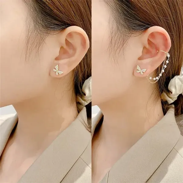 TGO_Celestial_Butterfly_Dream:_Zircon_Stud_&_Pearl_Chain_Ear_Cuff_Set